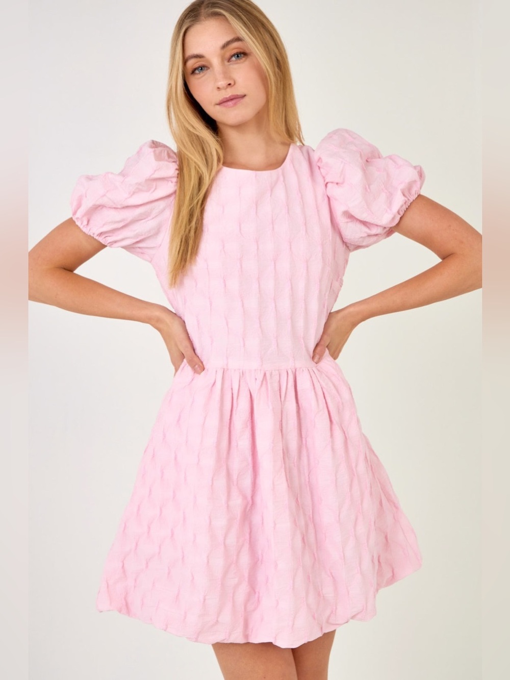 English Factory Pink Textured Puff Sleeve Bubble Mini Dress Size L